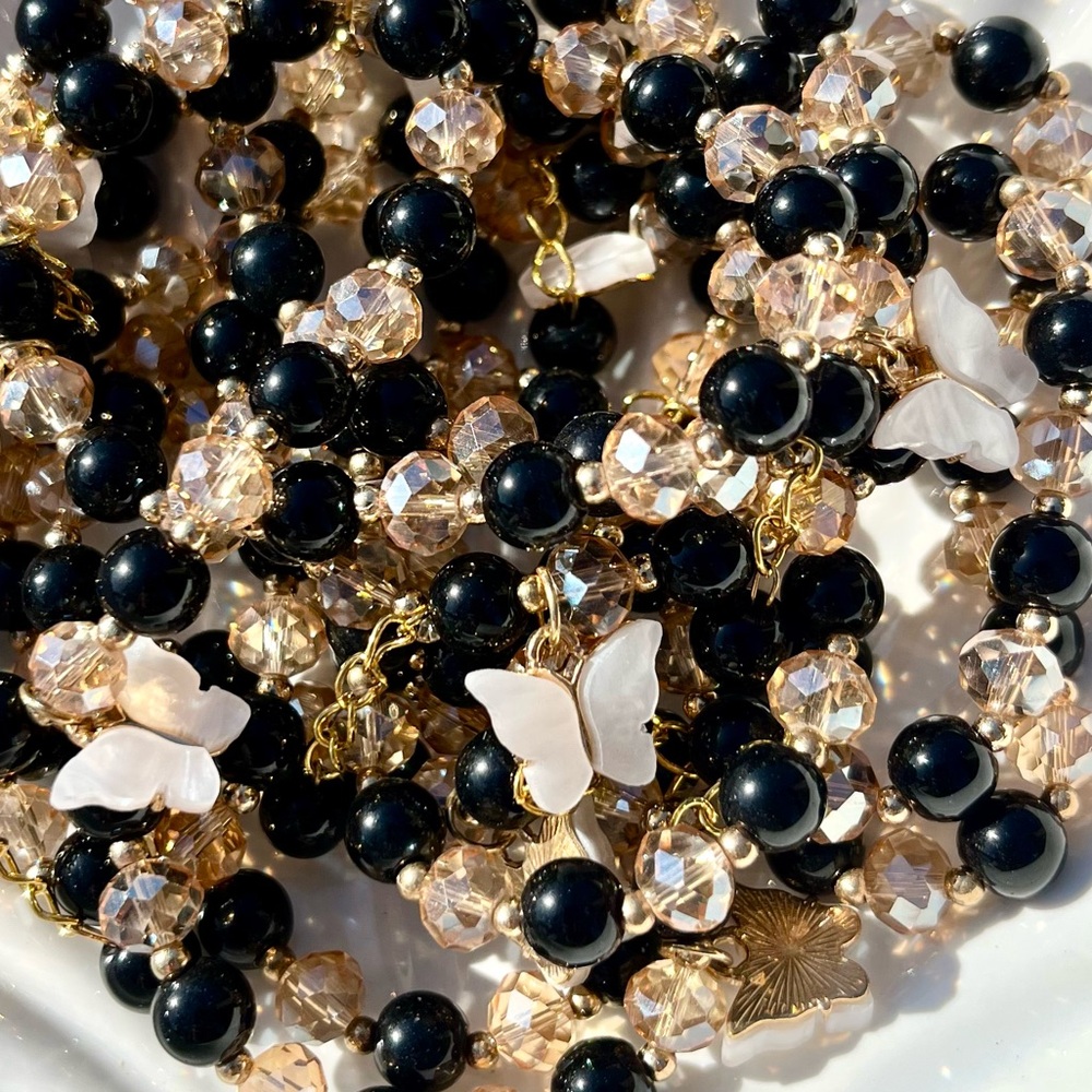 Black and Gold Glass Beaded Bracelets With Butterfly Charm NWOT